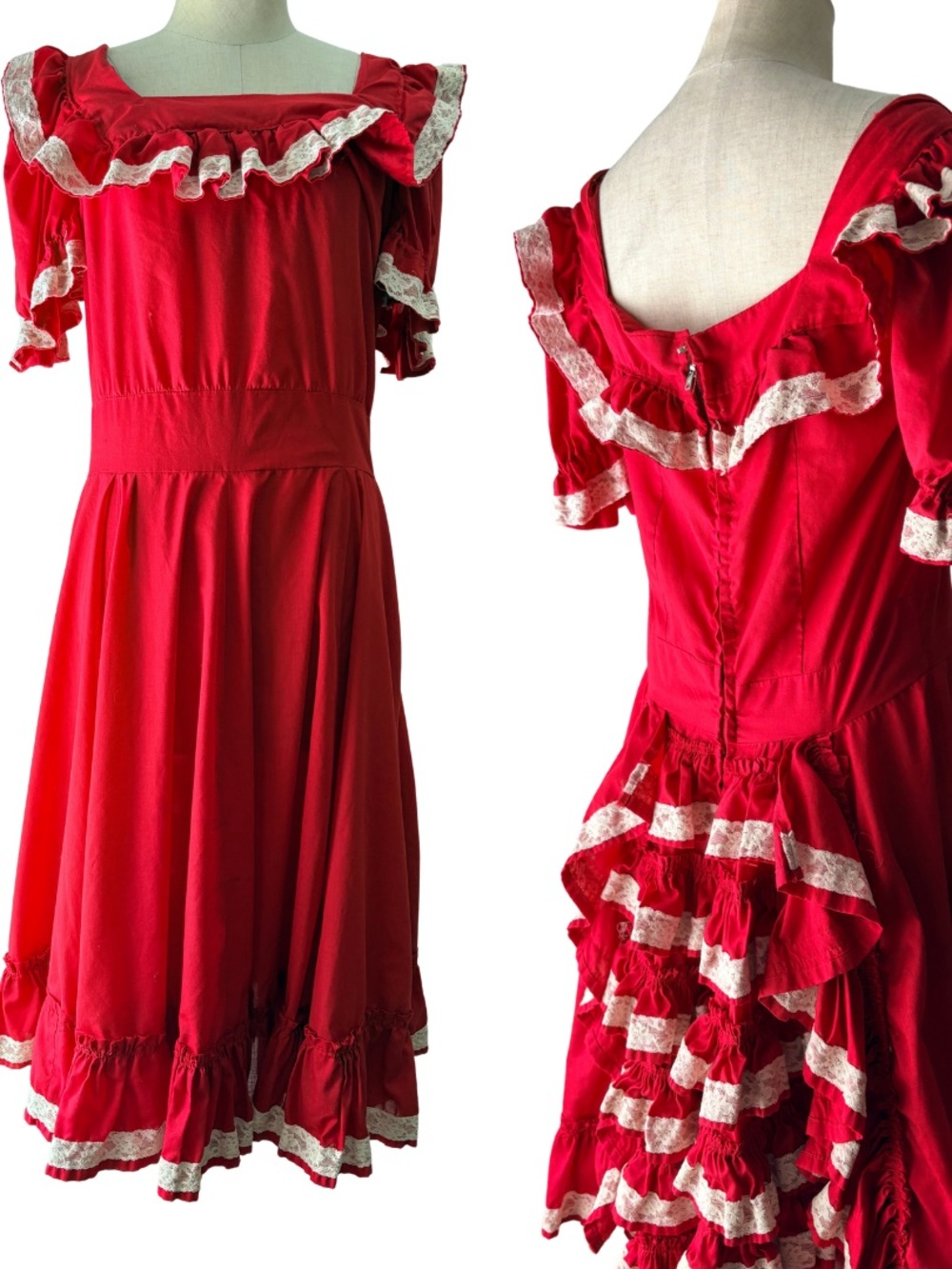 Vintage 50s 60s Flameco Dance Red White Lace Ruffle Dress Rockabilly Handmade